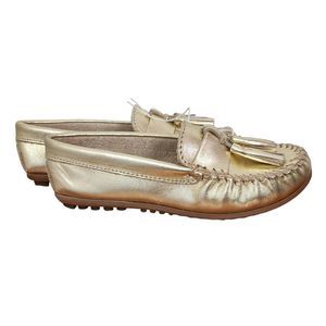 Minnetonka Shoes Women's Grace Moc Slip-On Leather Tassels Gold Size 6